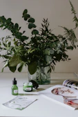 Artistic flat lay of a bathroom counter with the product, green plants, and natural light