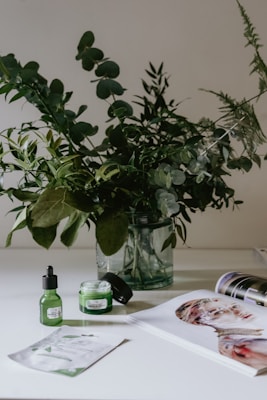 A glass vase holds an arrangement of lush green leafy branches on a bright, minimalistic surface. In the foreground, skincare products in green containers are positioned next to an open magazine displaying a colorful portrait. The overall setting conveys a fresh, natural aesthetic.