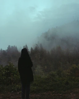 Moody cinematic silhouette of a man standing at dawn in a misty forest, golden light trails swirling around him.