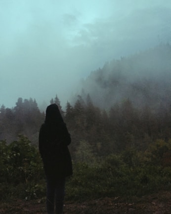 An ethereal silhouette standing at the edge of a misty forest under a twilight sky.
