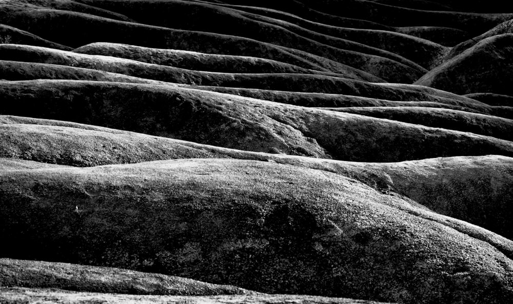 foto in scala di grigi di colline