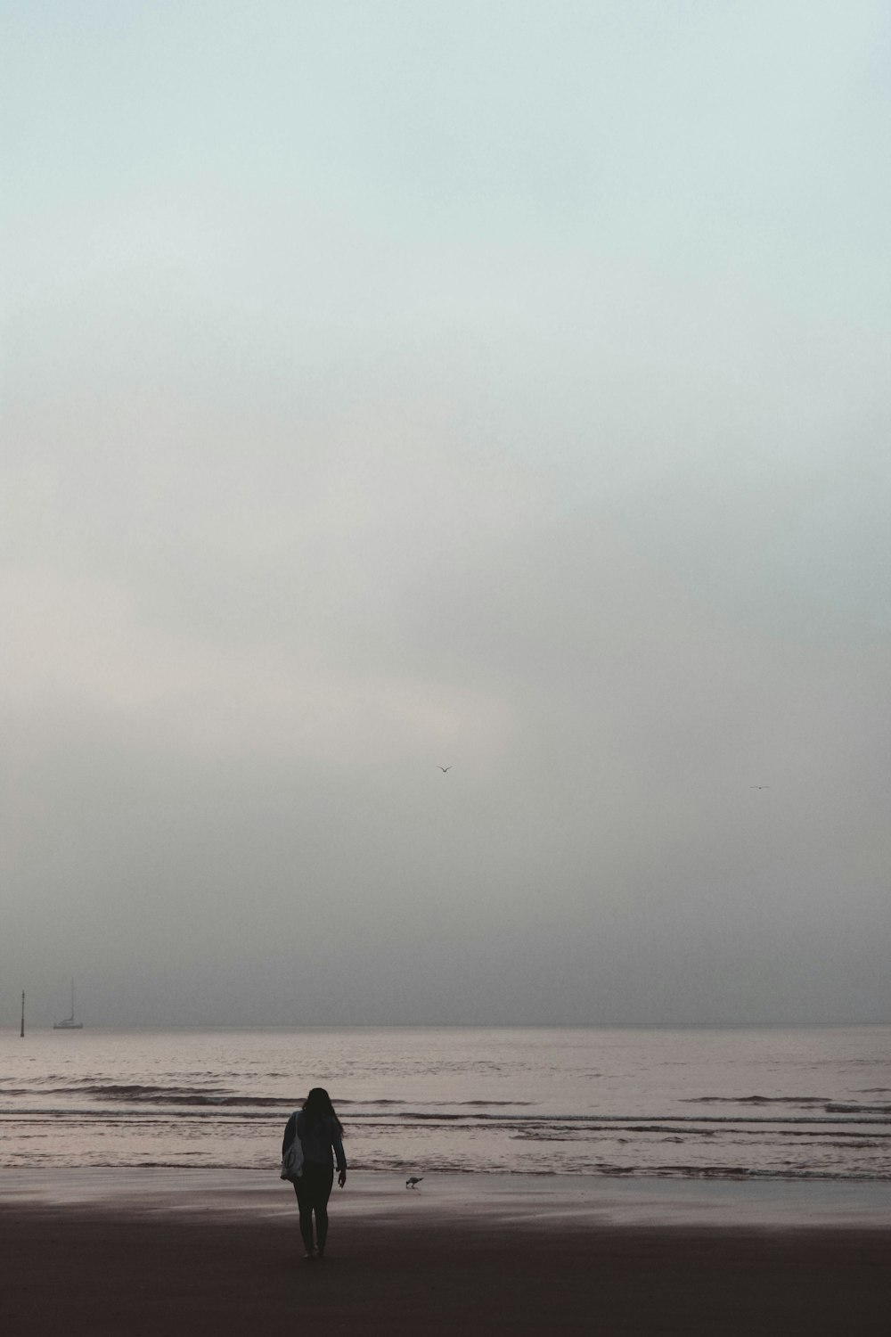 woman standing on seashore under gray sky