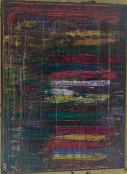 A colorful abstract painting featuring layered horizontal strokes blended together with a textured effect. The artwork uses a mix of dark and vibrant colors, creating a rich, complex appearance.