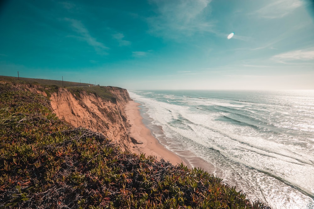 aerial photography of seashore under blue sky