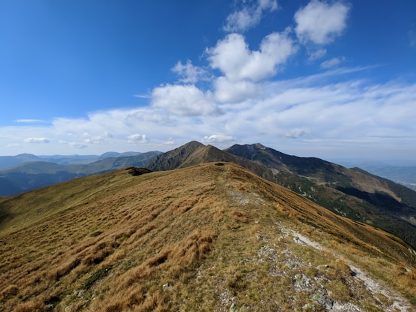 A panoramic landscape featuring mountains and a clear sky.