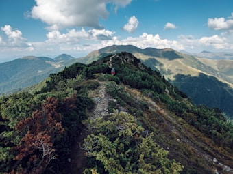 A lush mountainous landscape with a narrow trail winding through dense green vegetation. The horizon features several rolling hills under a partly cloudy sky, casting shadows over the terrain. A solitary person is visible on the trail, adding a sense of scale and solitude.