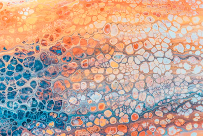 an abstract painting with blue, orange and yellow colors