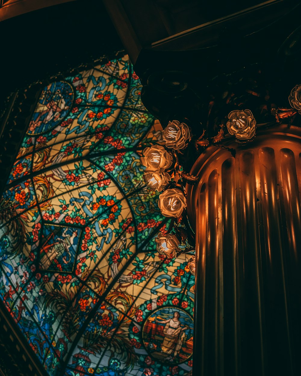 multicolored floral glass ceiling building interior