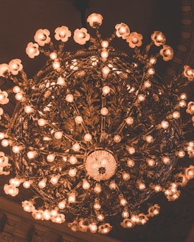 A large, ornate chandelier with numerous small, glowing light bulbs is seen. The chandelier features intricate metalwork with floral motifs, adding to its decorative appeal.