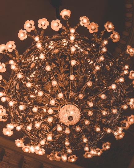 A large, ornate chandelier with numerous small, glowing light bulbs is seen. The chandelier features intricate metalwork with floral motifs, adding to its decorative appeal.