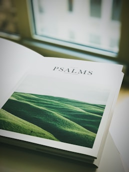 A serene image of a Bible open with musical notes around it.