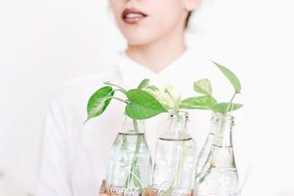 Bottles of bio-organic fertilizer arranged on a wooden table with fresh green plants in the background.