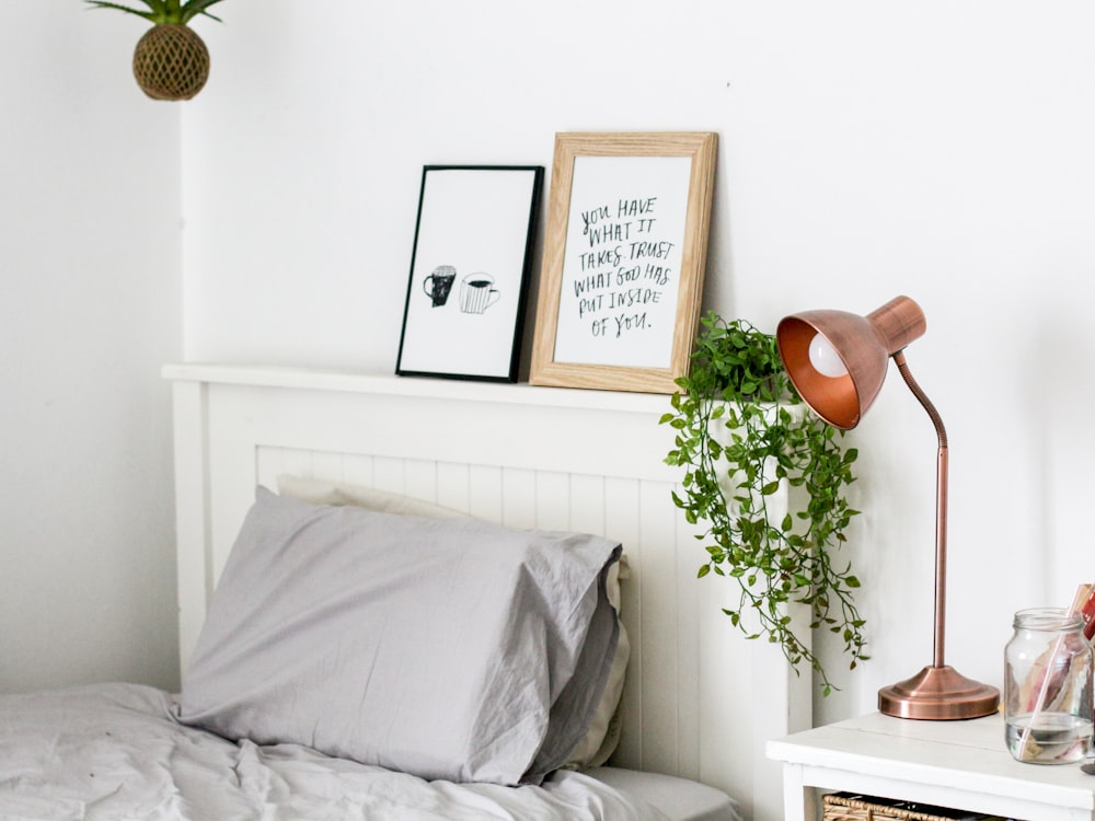 two gray pillow on bed near vine plant and table lamp inside room
