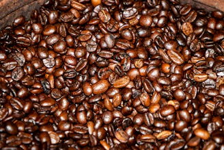 Close-up of glossy roasted arabica coffee beans spilling from a burlap sack.