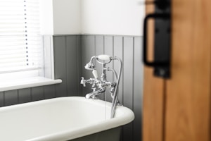 a bathroom with a claw foot tub and a wooden door