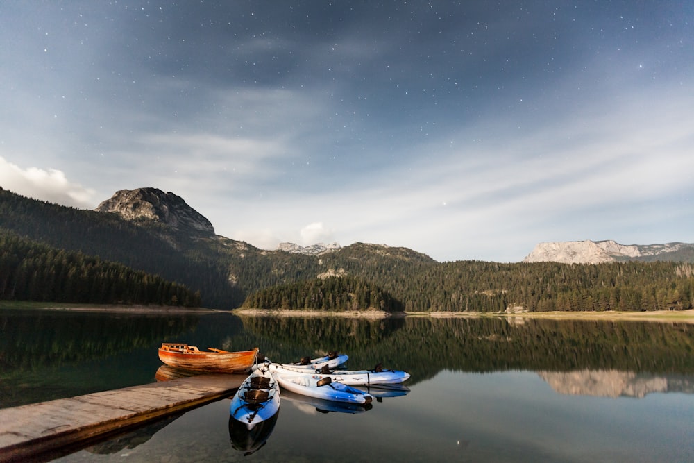 group of kayaks beside wooden dock