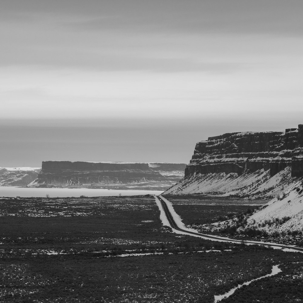 grayscale moutnain scenery