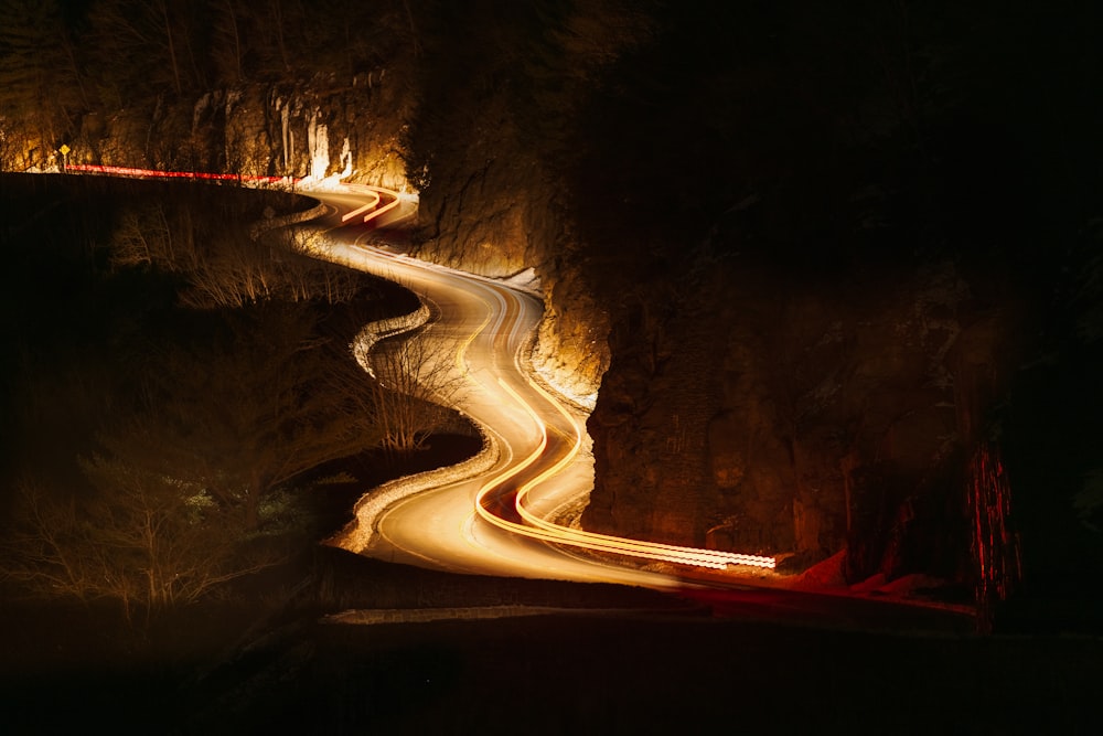 lighted road at night