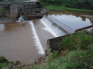 A small dam with a concrete spillway is surrounded by lush greenery. The water flows over the spillway in a gentle cascade, creating a serene atmosphere. The surrounding landscape is verdant, with a mix of trees and shrubs, and the water in the reservoir appears muddy, indicating recent rainfall or upstream activity.
