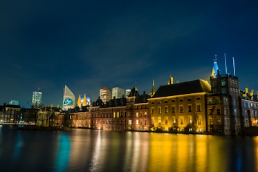 lighted building at night
