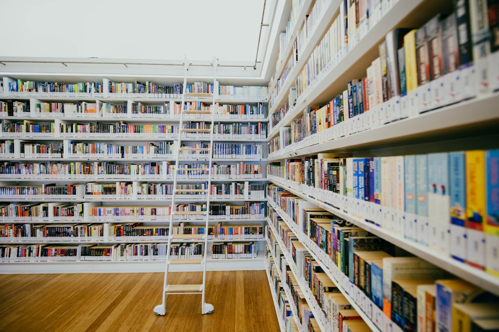 Weißes Bücherregal gefüllt mit Büchern in der Bibliothek