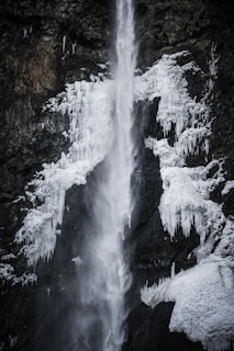 A picturesque waterfall cascading down rocky cliffs in Iceland.