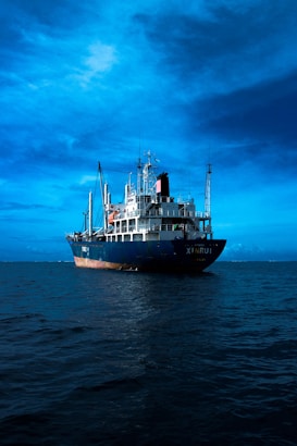 A large blue cargo ship is prominently positioned in the middle of a calm sea under a vast, somewhat cloudy sky. The ship has several antennas and cranes on deck, with the name 'XINRUI' visible on its hull.