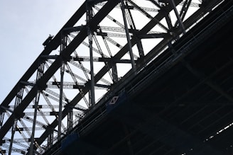 The image captures the intricate steel framework of a large bridge, showcasing its crisscrossing beams and support structures against the sky.