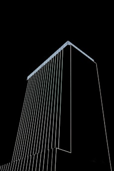 A sleek, photorealistic 3D wireframe of a modern architectural building glowing subtly against a dark background.