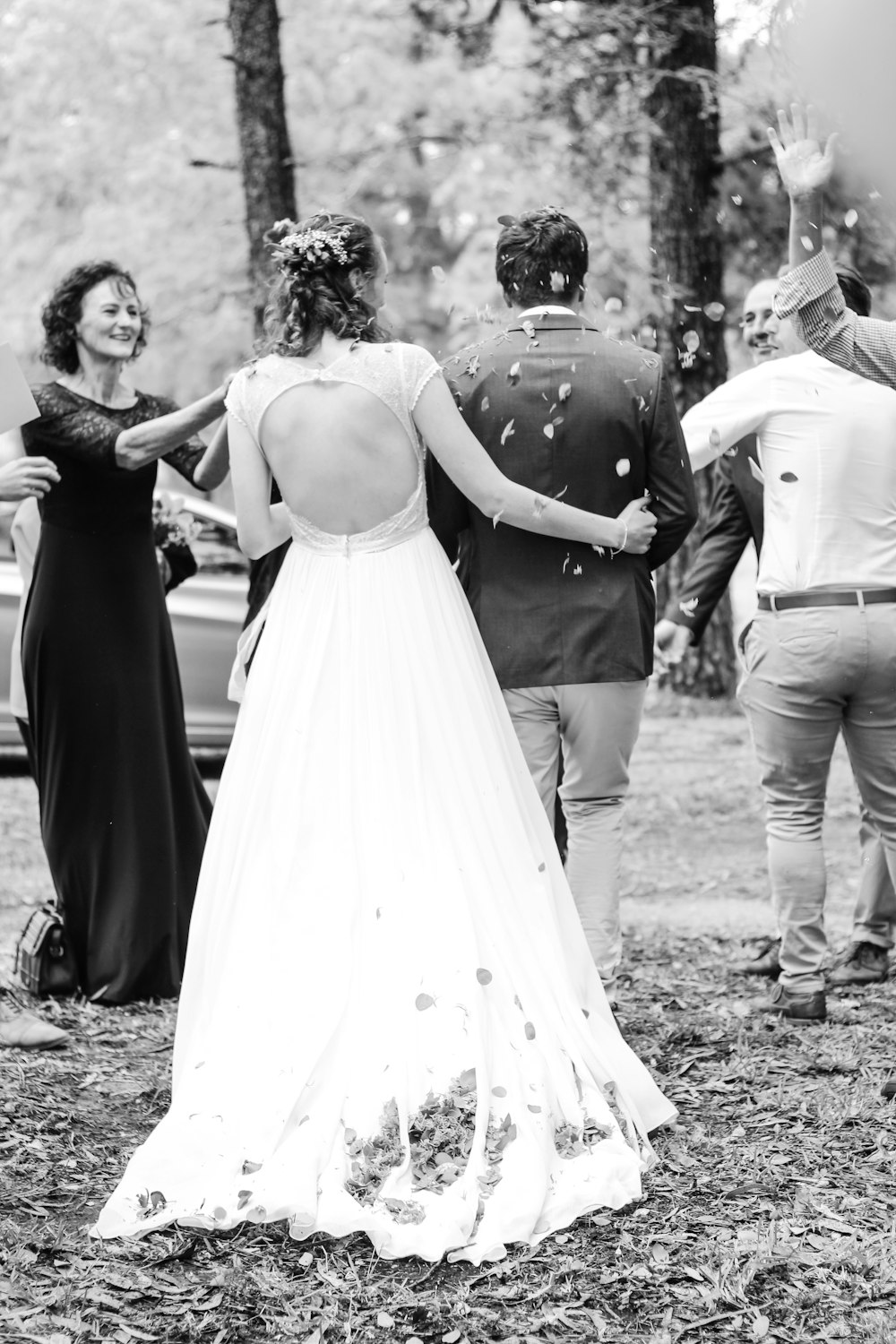 greyscale photo of bride and groom