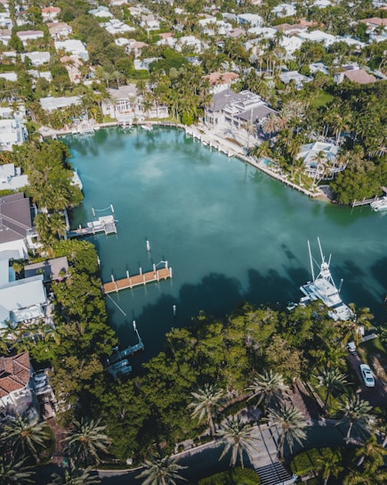 An aerial view of an upscale residential area featuring a large, serene body of water surrounded by lush greenery and palm trees. Elegant houses with swimming pools line the water's edge, some with private docks extending into the water. Several boats are moored nearby, and the area is densely populated with trees and vegetation.