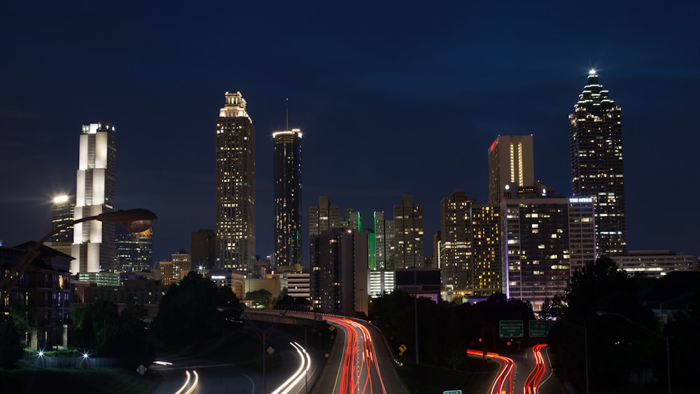 lighted skyscrapers at night