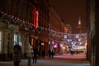 A nighttime street view showing multiple businesses decorated with coordinated holiday lighting themes.