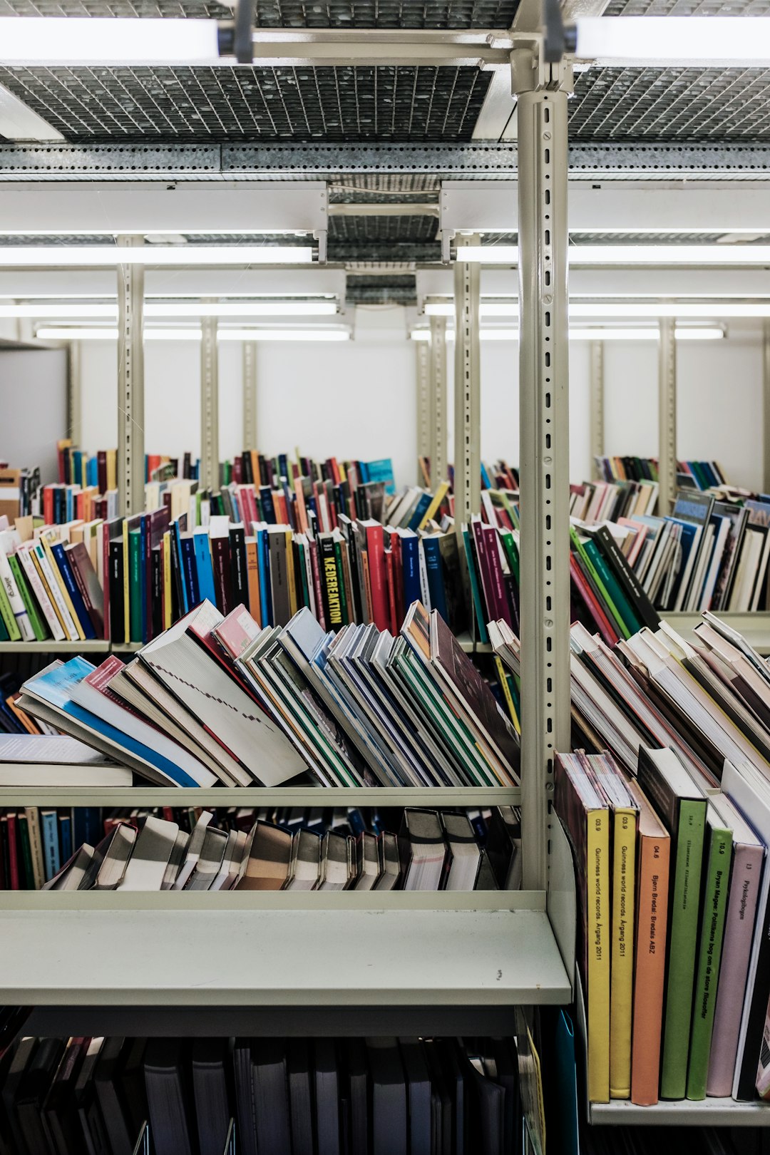 assorted books on white steel shelves