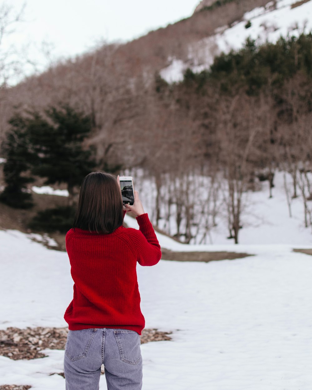 葉のない木の写真を撮る女性