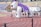 A large inflatable bulldog mascot with a purple cape and crown is positioned on a running track. Several individuals are walking underneath the inflatable, indicating a sports team. The background features bleachers with purple seating and a sign with the number one.