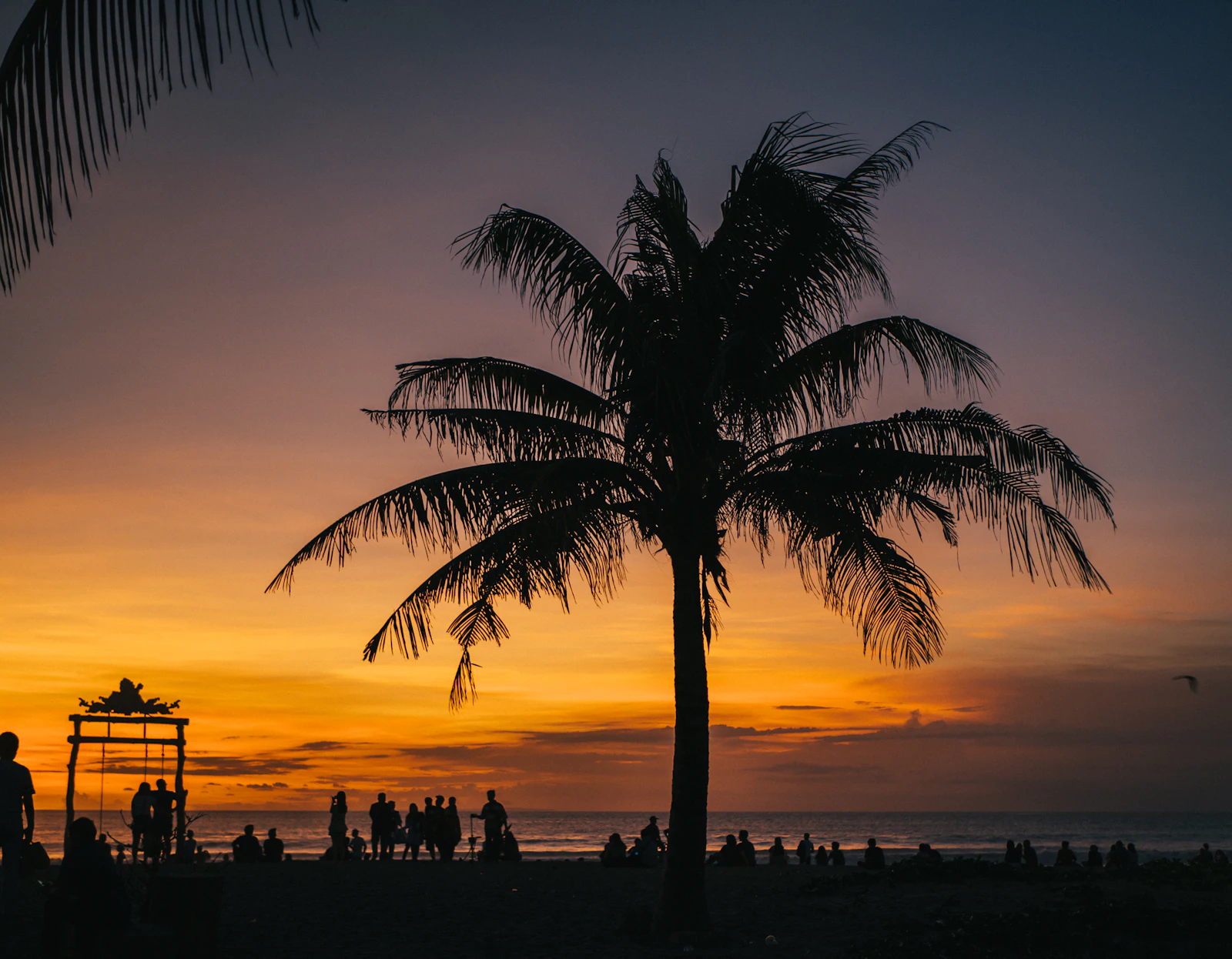 Palm trees and people silhouetted at sunset on Seminyak Beach