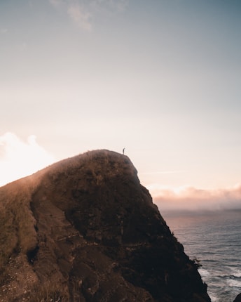 A lone figure stands at the top of a steep, rocky cliff overlooking a vast ocean. The sky is mostly clear with soft pastel hues, suggesting either sunrise or sunset. The cliff is rugged with patches of grass along its surface.