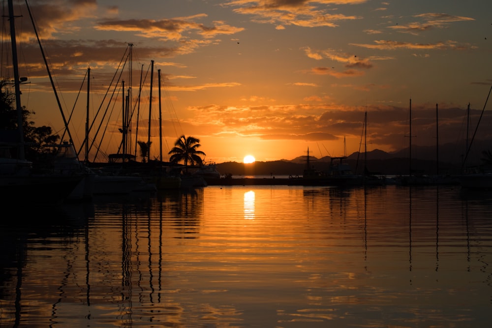 silhouette of boats on calm body of water during sunset