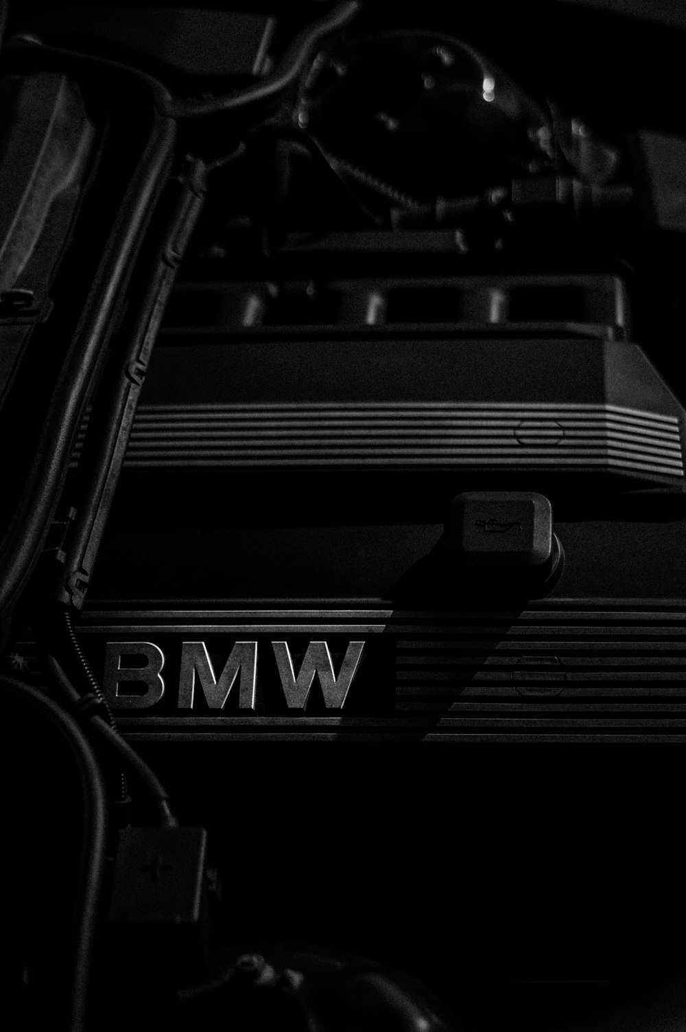 Graustufenfotografie des BMW Emblems