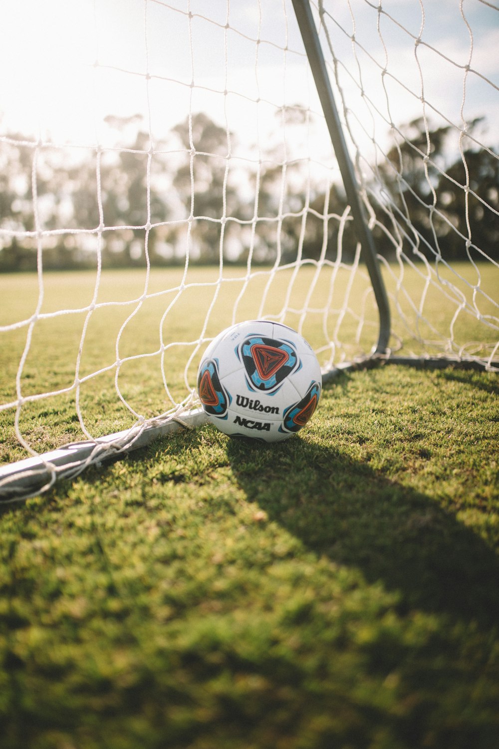 Balón de fútbol Wilson blanco junto a la portería de la red