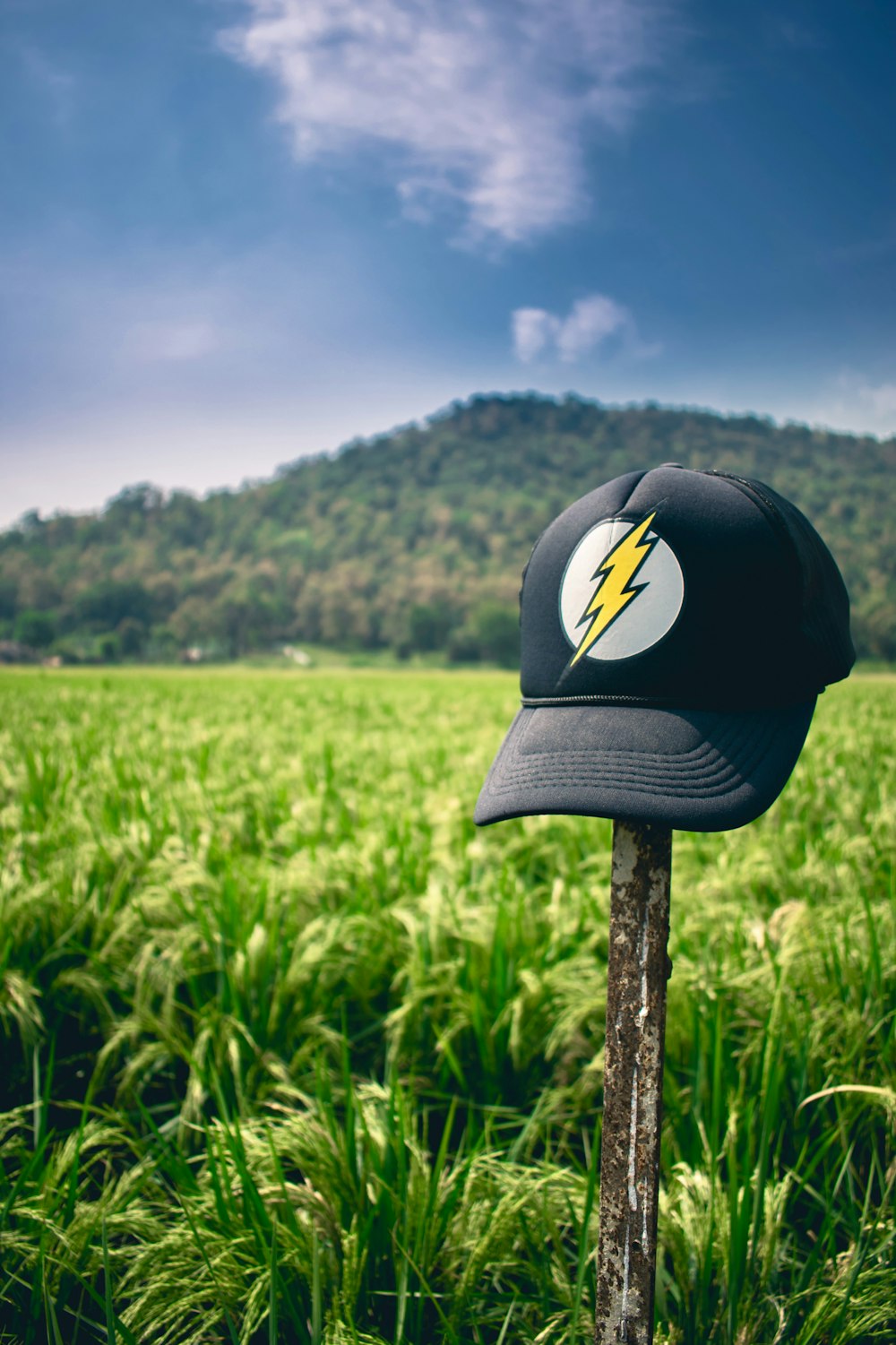 black, white, and white The Flash logo graphic cap