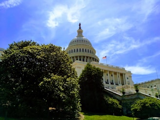 A grand neoclassical building featuring a large dome rises prominently against a partly cloudy blue sky. The structure is accentuated by Corinthian columns and an American flag waving in the breeze. Lush green trees and well-manicured lawns surround the building, contributing to a serene yet majestic atmosphere.