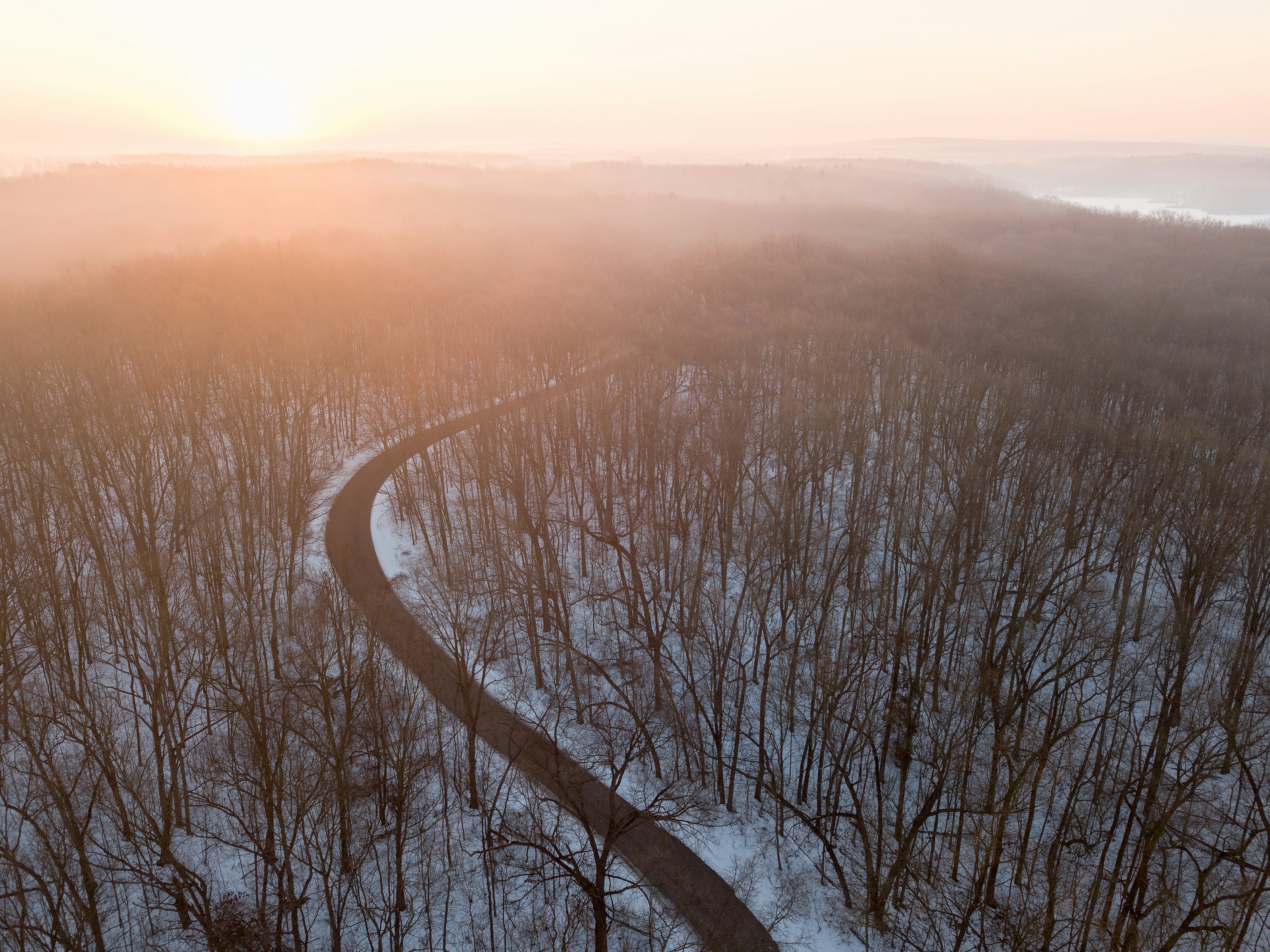 road during golden hour top-view photography