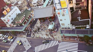 An aerial view of a busy urban area showcasing traditional Japanese architecture with temple buildings and a street filled with people and vehicles. There's a large building displaying advertisements, including a beer ad and animated characters.