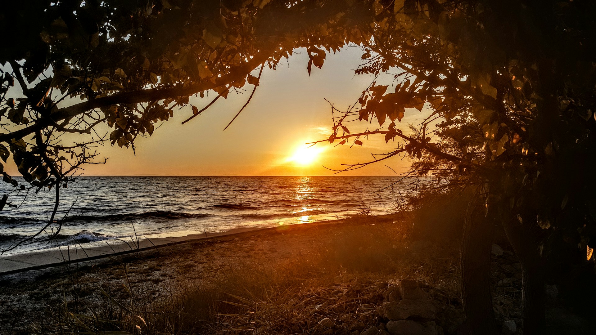 A vibrant sunset casting warm colors across a calm beach, creating a mood of tranquility and joy.