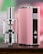 A close-up view of a sleek, metallic vaping device with a glossy finish and a pink and black color scheme. The device features buttons and a clear tank, indicating its function as an electronic cigarette.