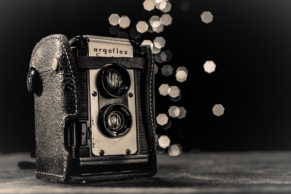 A vintage Argoflex camera with a leather case is prominently featured, surrounded by an artistic bokeh effect in the background. The image is presented in sepia tones, emphasizing the classic and nostalgic feel of the camera.