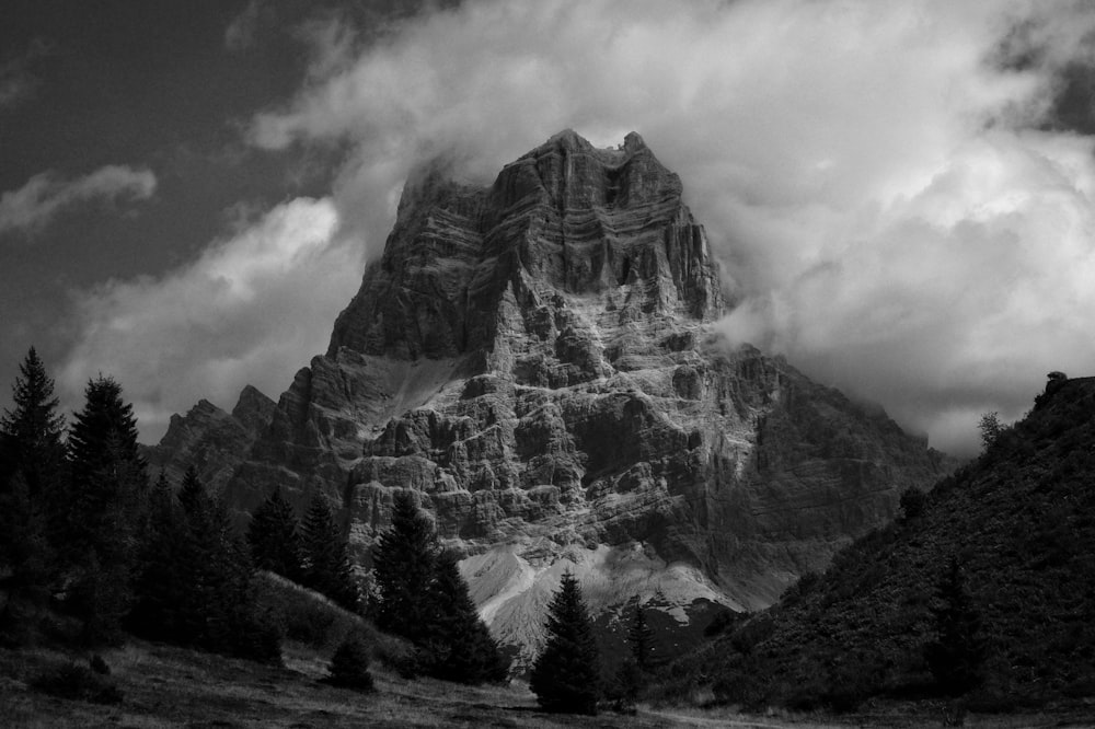 grayscale photo of mountain