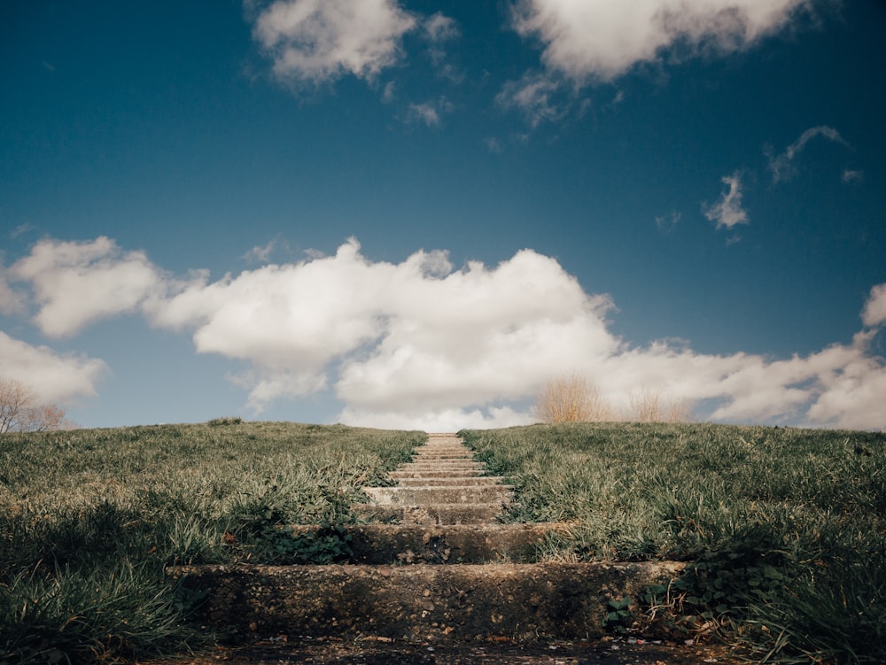 stairs in between grass field under white clouds and blue sky at daytime